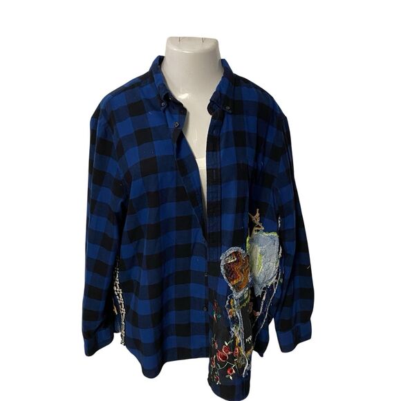 Upcycled Flannel Shirt Shacket Womens 1X Monster Grunge Patchwork Folk Art - Picture 14 of 16